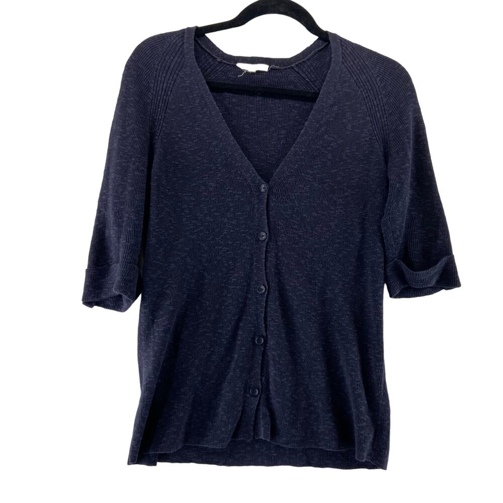 Eileen Fisher Womens Size XS Blue Button Front Short Sleeve Cardigan Linen Blend